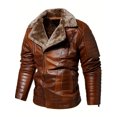 thumbnail image 2 of Warm Fleece Classic Design PU Bomber Jacket, Men's Casual Zip Up Lapel Faux Leather Jacket For Fall Winter, 2 of 5