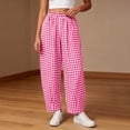 thumbnail image 4 of TEAJOPSUU Womens Cotton Blend Gingham Pants Casual High Waisted Elastic Wide Leg Palazzo Pants with Pockets Daily Travel Loungewear A-Hot Pink, 4 of 6