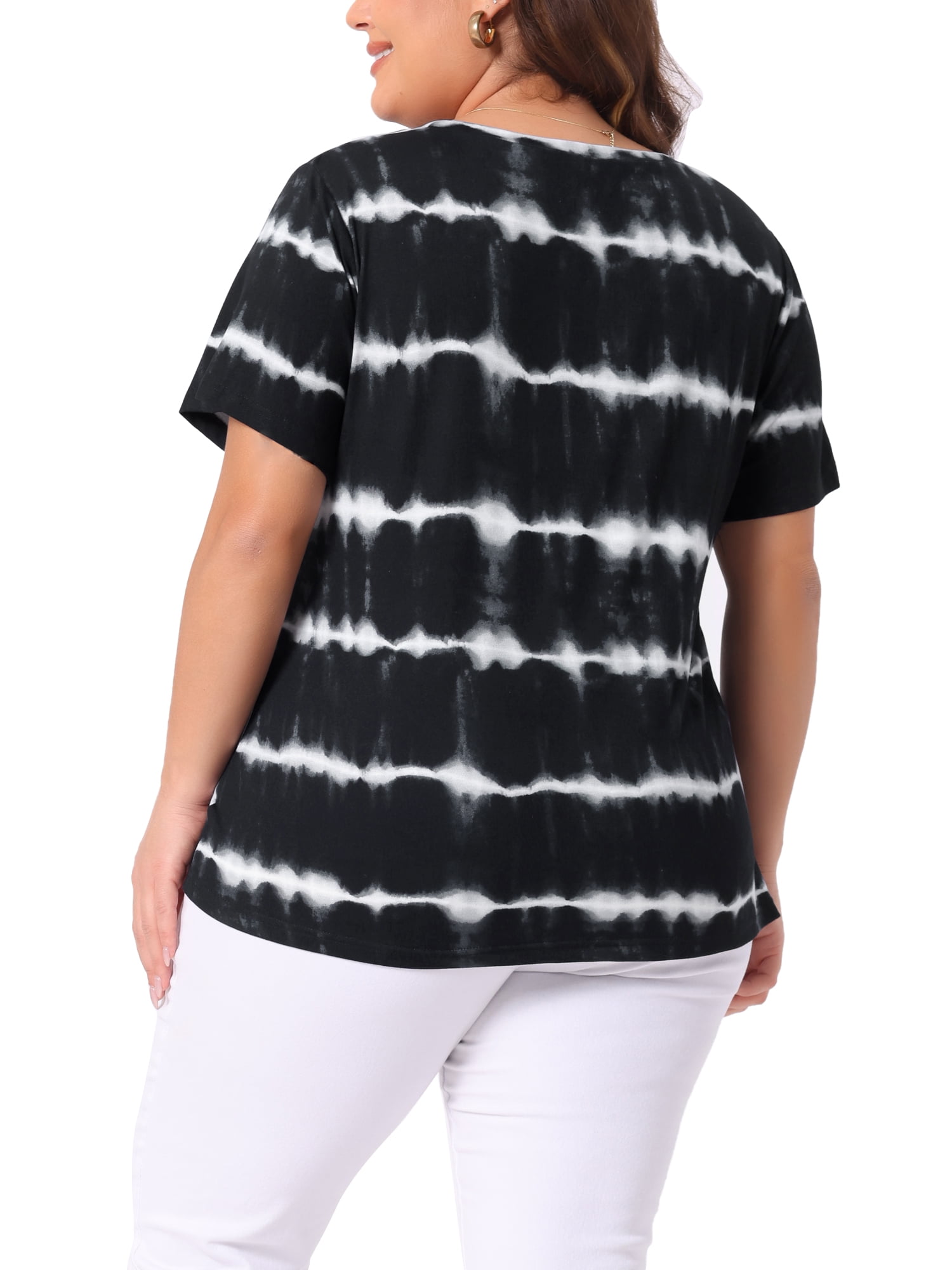 Unique Bargains Women's Plus Size Round Neck Short Sleeve Tie Dye Tops 4X Black