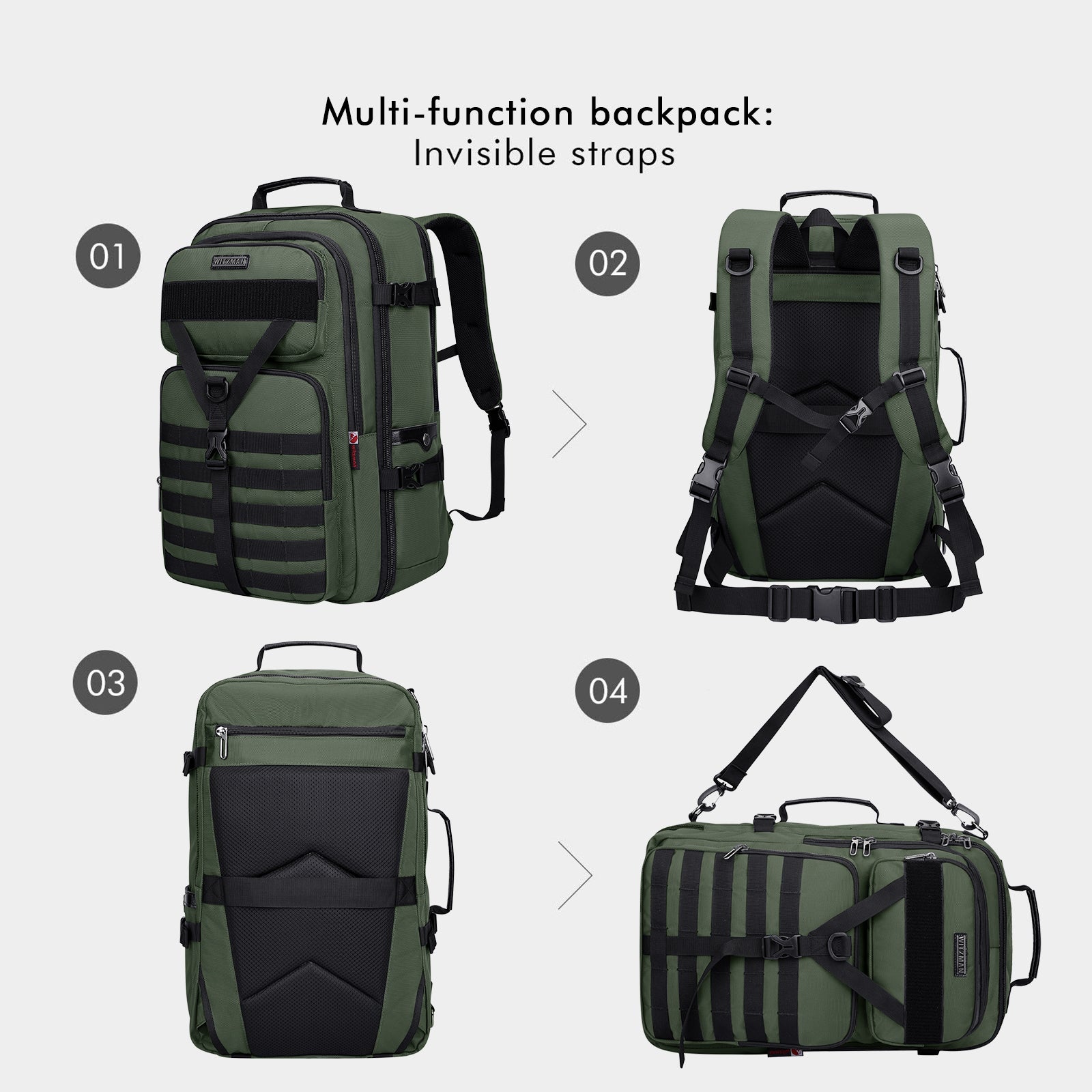 WITZMAN Carry On Travel Backpack for Men Convertible Nylon Backpack 3 in 1 Bag fit 17 Inch Laptop for Airplane 45L,B688 Army Green