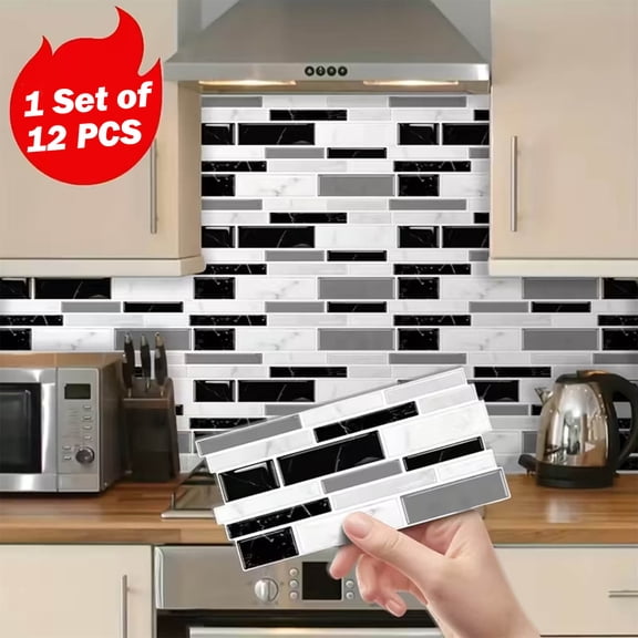 HYEASTR 12 Sheets Peel and Stick Tile Backsplash, 9.84 * 4.72in Marble Texture Look Self-Adhesive Tile Stickers for Kitchen, Bathroom, Counter Top