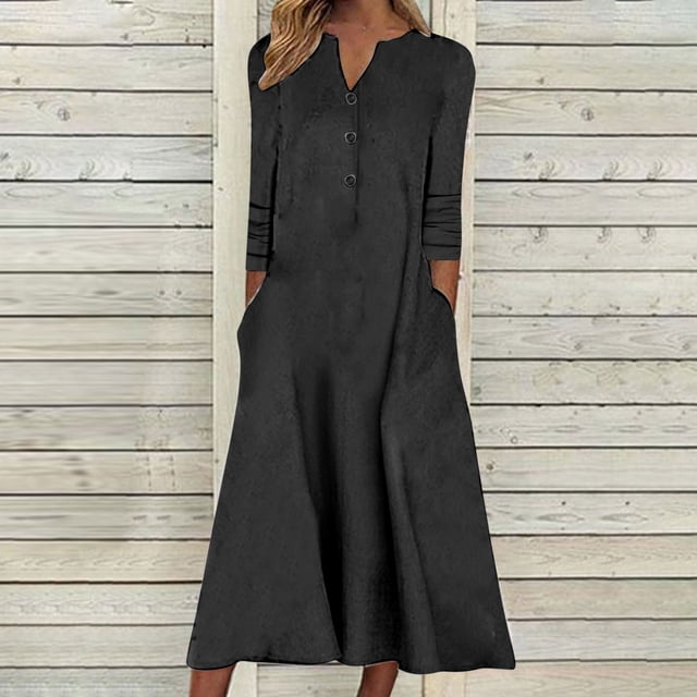 Babysbule Liquidation Robes d'Automne pour Femmes Mode Femmes Décontracté Élégant Col Rond Imprimé Été Manches Longues Poches Robe