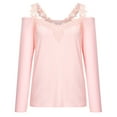 thumbnail image 4 of XFLWAM Women's Casual Cold Shoulder Tops V-Neck Lace Hollowed Out Long Sleeve Shirts Loose Comfy Tees Pink XXL, 4 of 6