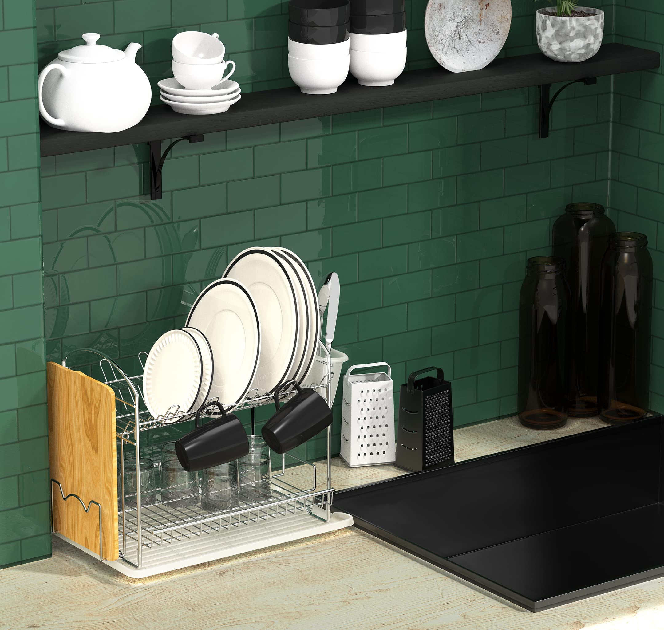 Simple 2-Tier Dish Drying Rack & Tray With Swivel Drain Spout