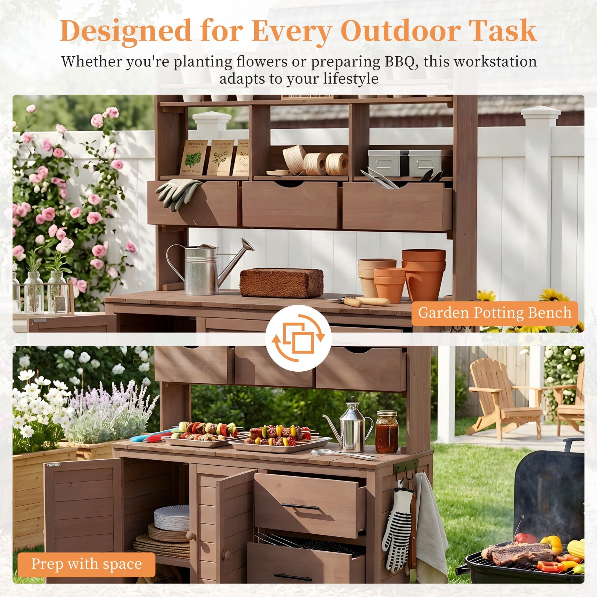Sailvan 65" Solid Wood Patio Kitchen Island & Garden Potting Bench,Outdoor Grill Prep Station with 6 Drawers,Storage Cabinet and Hutch Brown