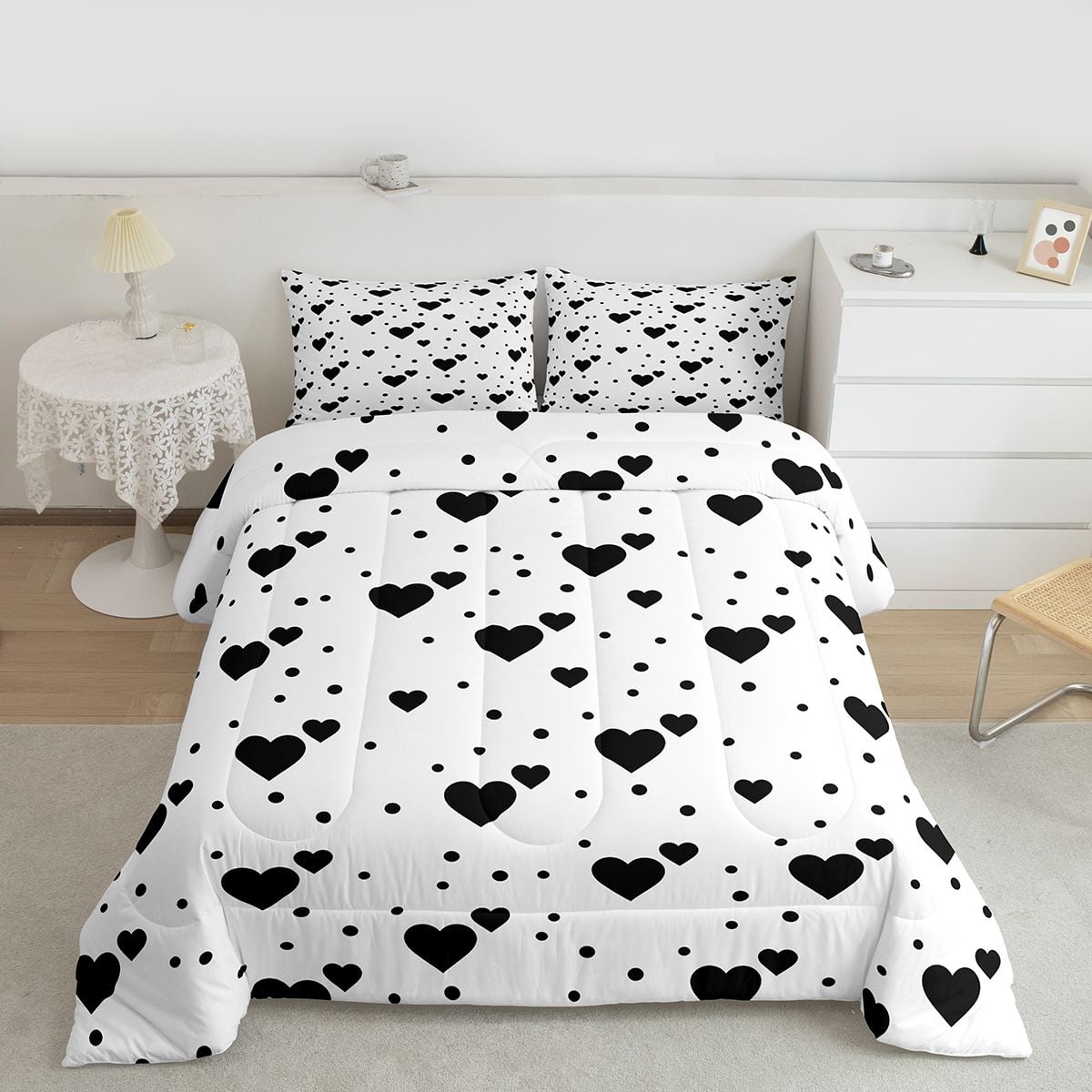 Feelyou Romantic Love Heart Full Size Comforter Sets, White Black Bedding Comforter Set, Teesn Kids Girls Women Reversible Bedding Sets, Lightweight Room Decor, 3 Pieces