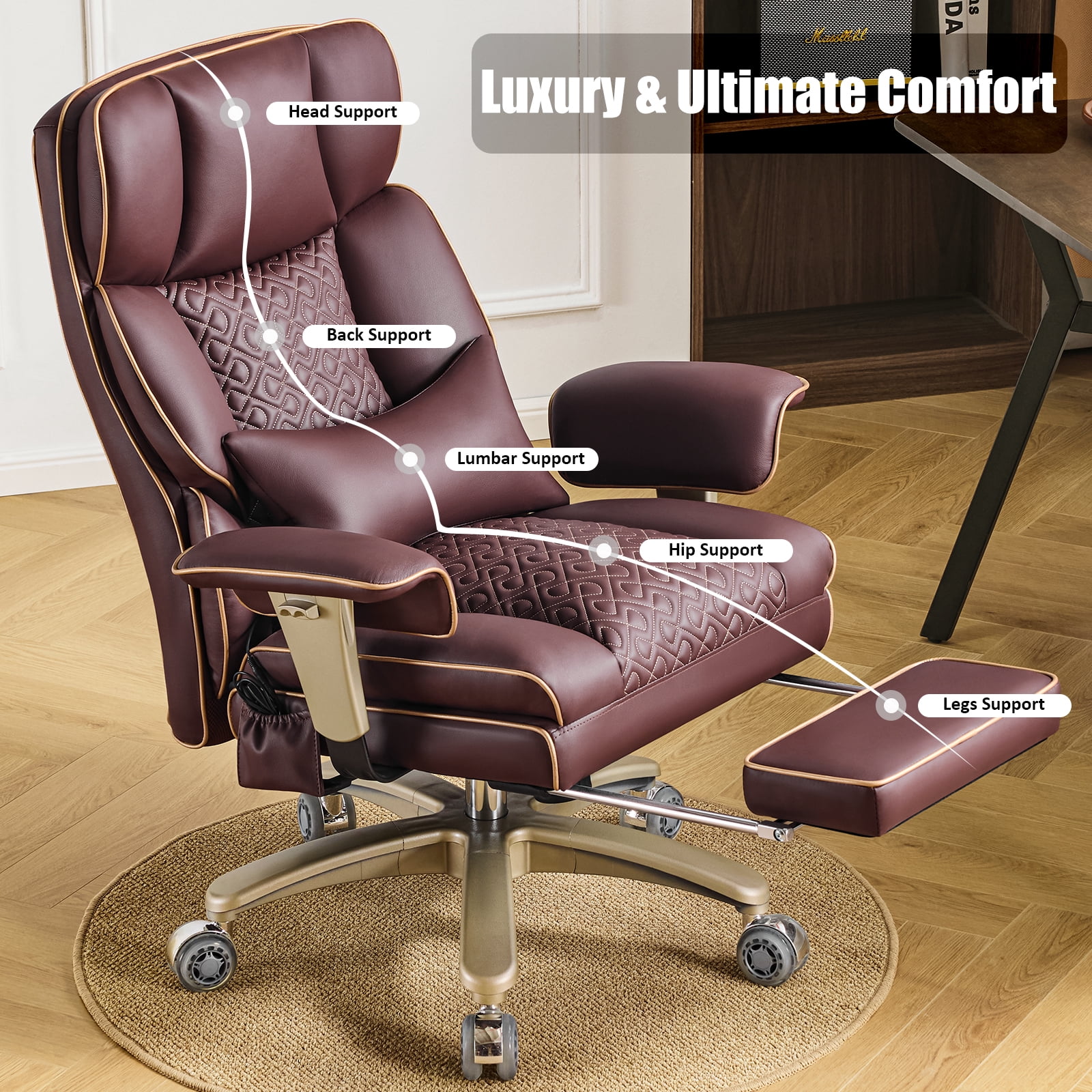 Falvinoryn Big and Tall Office Chair, Heavy-Duty Executive Office Chairs with Adjustable Lumbar and Quiet Rubber, Ergonomic High Back Computer Desk Chair, Brown
