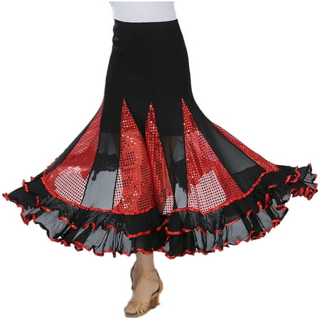 Ruffle Glitter Long Latin Waltz Ballroom Dance Circle Tango Skirts