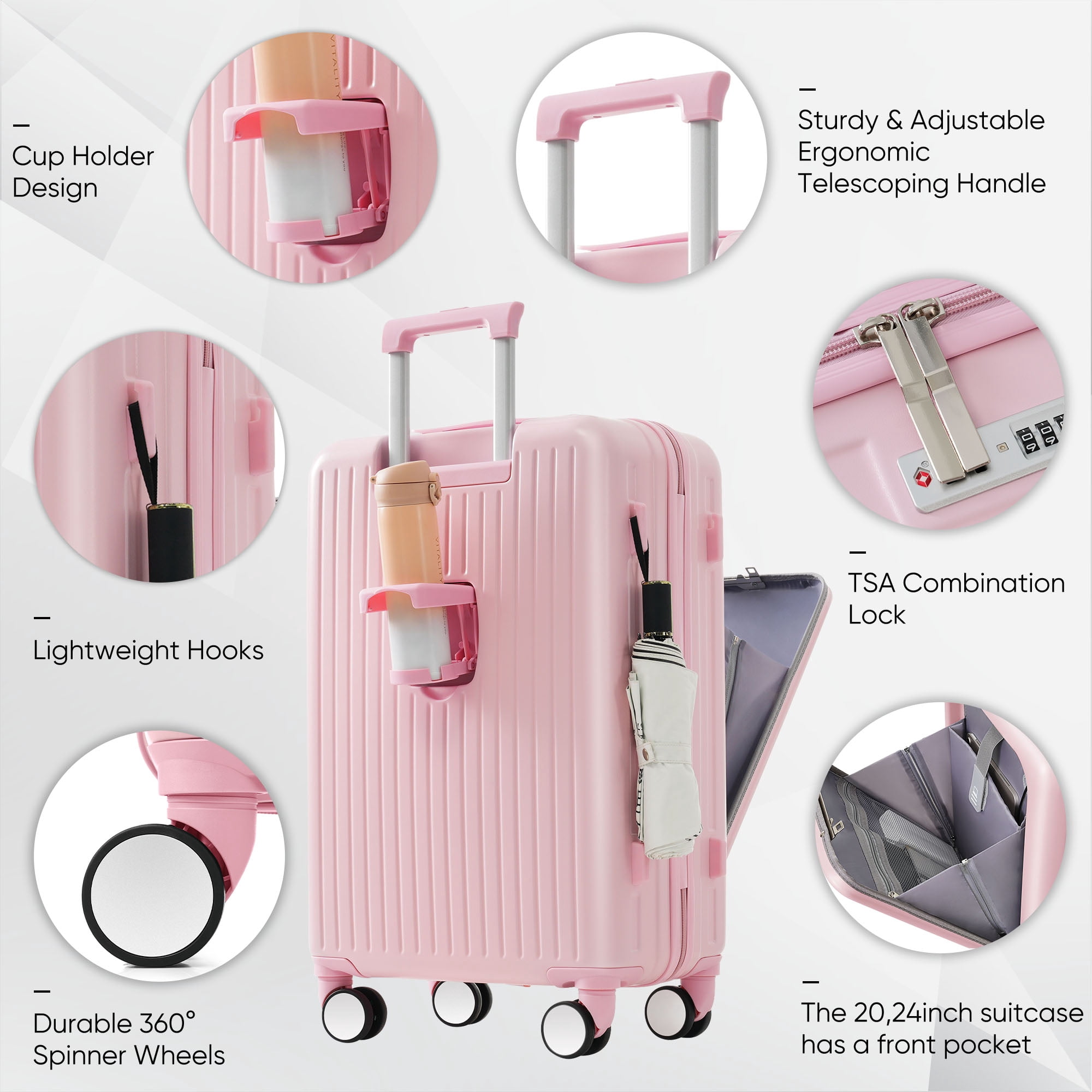 LoLado Front Opening 20in Carry-on Luggage with Expandable Travel Bag Set, ABS Hard Shell Two-piece Travel Suitcase Set with USB Port, Cup Holder, Pink