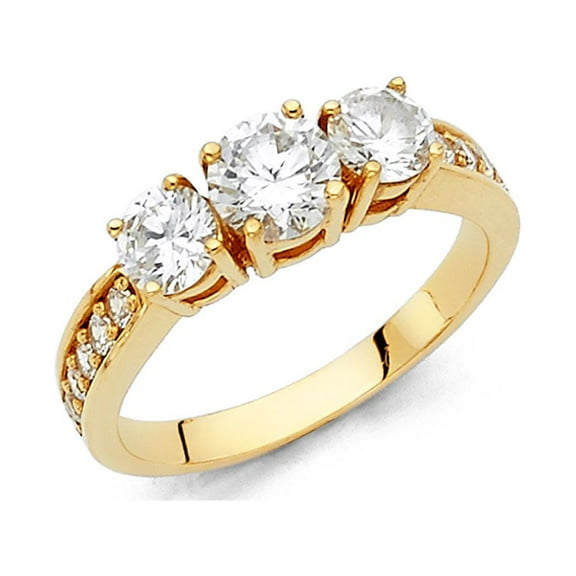 Three Stone Engagement CZ Ring 14k Yellow Gold Anniversary Round Three Stones Band Side Stones Size 7