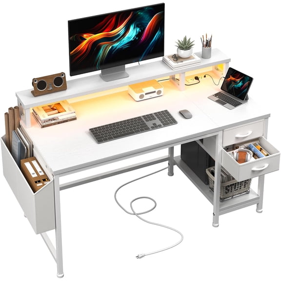 Themis 40" White Desk with File Drawers & Storage Bag, Reversible Computer Desk with Monitor Stand,Home Office Desk with LED Strip & Power Outlets for Bedroom, Small Space, Study, Handwork