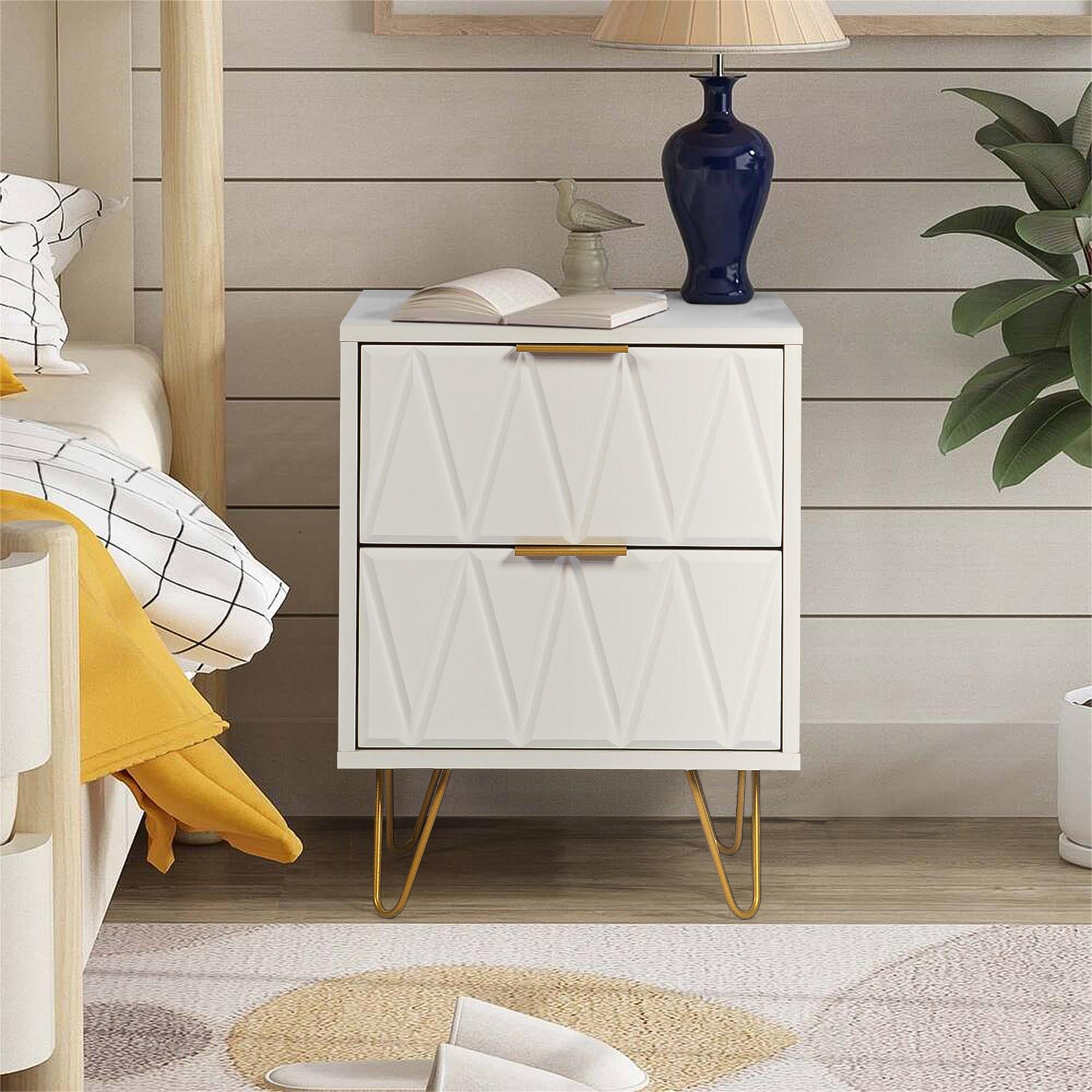Finihen 21" Tall Nightstand with 2 Drawers, End Table Dual Night Stand with Metal Legs for Bedroom Living Room, White Finihen 21" Tall Nightstand with 2 Drawers, End Table Dual Night Stand with Metal Legs for Bedroom Living Room, White