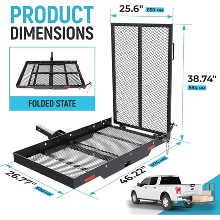 ECOTRIC 46.2 X 26.8 X 38.7 Inch Hitch Cargo Carrier W/Ramp Foldable 500 Lbs Trailer Hitch Mount Steel Wheelchair Carrier Mobility Scooter Ramp 2  Hitch Receiver for Snow Blower SUV Truck Van Car