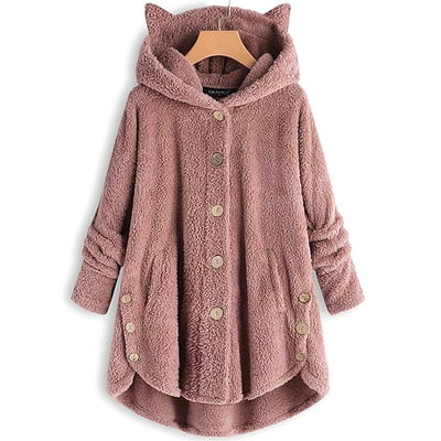 Long sleeve cozy fleece hooded asymmetrical button coat hotsell