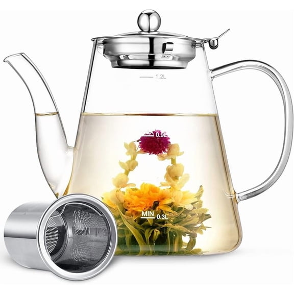 Glass Teapot, 1200ml (40oz) Tea Pot with Infuser for Loose Tea and Blooming Tea, Stovetop Safe Tea Kettle, Hand Crafted Borosilicate Glass Tea Maker with Scale Line, Tea Gift Set for Tea Lovers