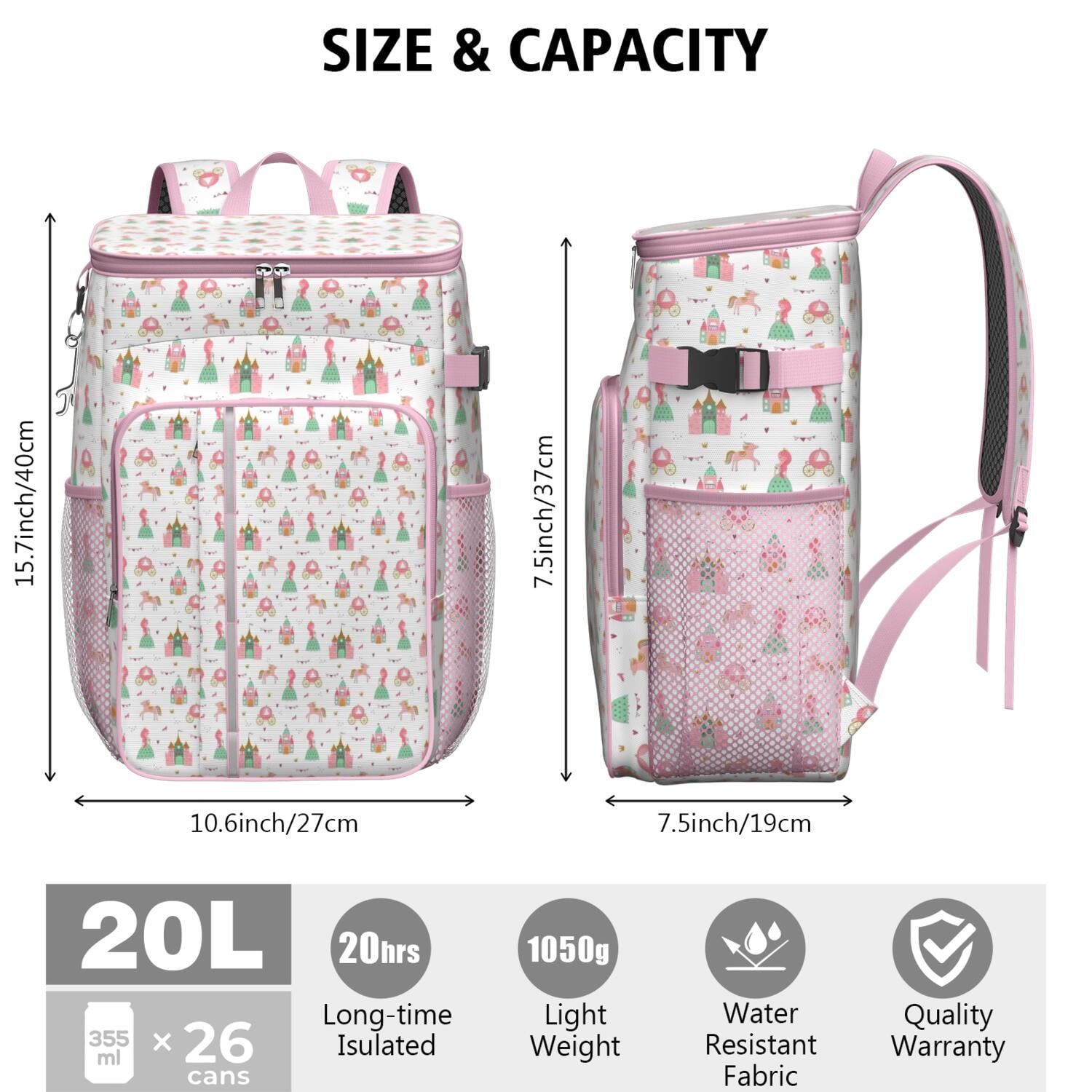Travel Cooler Bag - Princess Castle Pattern Camping Beer Cooler Backpack with Bottle Opener- Waterproof Insulated Picnic Backpacks - Cooler Bag for Beach