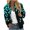 Green-A, variant on Women's Autumn Winter Casual Baseball Jacket Blue Green Printed Denim with Ribbed Cuffs, Zip-Up Short Coat