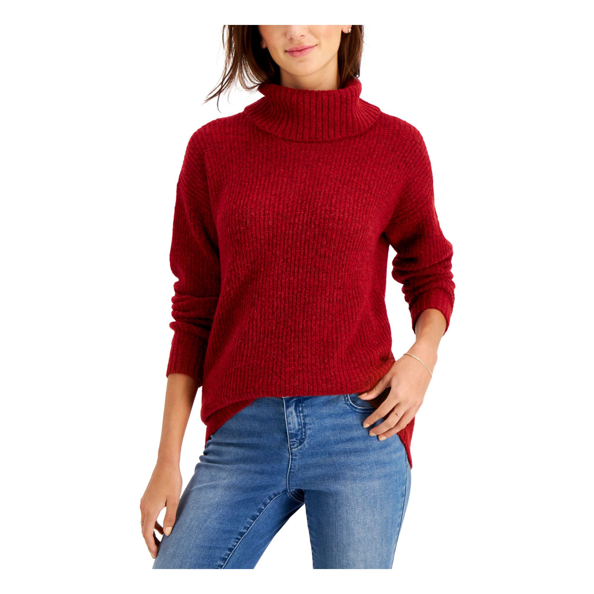 STYLE & COMPANY Womens Red Stretch Ribbed Long Sleeve Cowl Neck