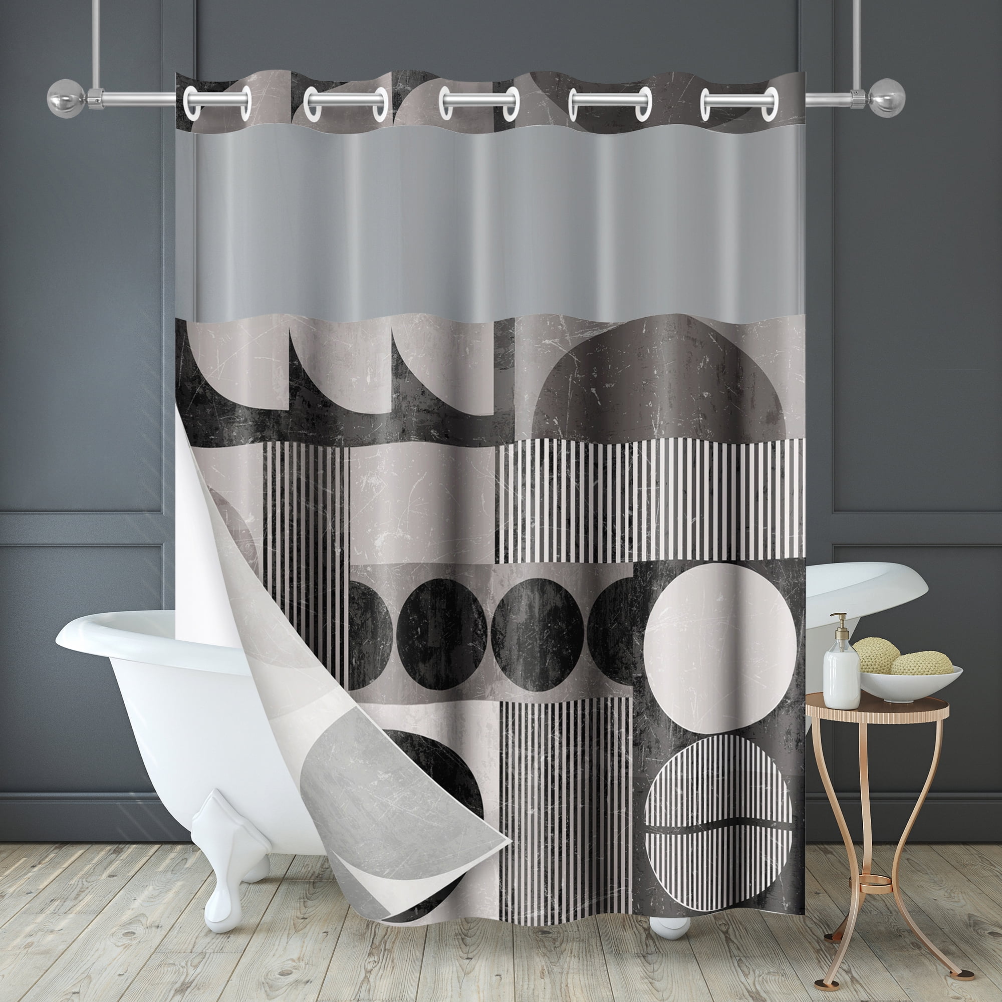 Americanflat 72x75 Hookless Shower Curtain - Abstract Shower Black Grey Curtain with Sheer Panel, Snap-In Liner, and Grommets