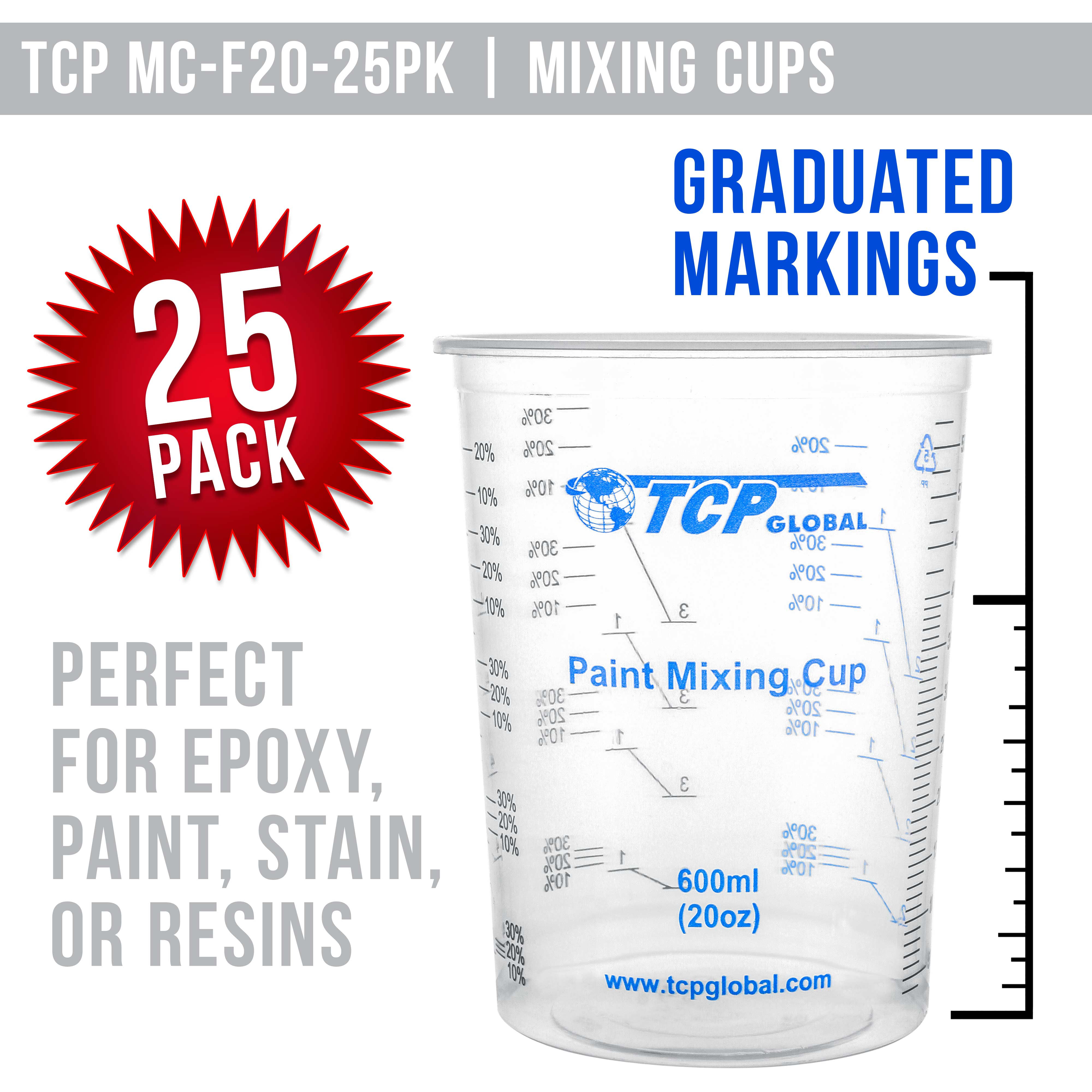 ABN Flexible Graduated Plastic Mixing Cups Paint Mixing Cups 25pc - 20oz Epoxy Mixing Cups and Sticks for Painting Measuring Paint, Resin, Epoxy