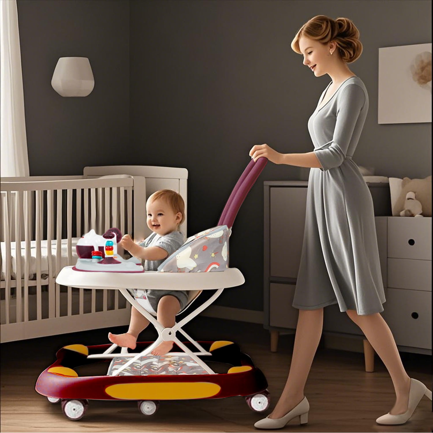 LIXI 4-in-1 Baby Walker with Toy Tray - Adjustable Height 3 Gears for 6-36M, Foldable Design (Red)