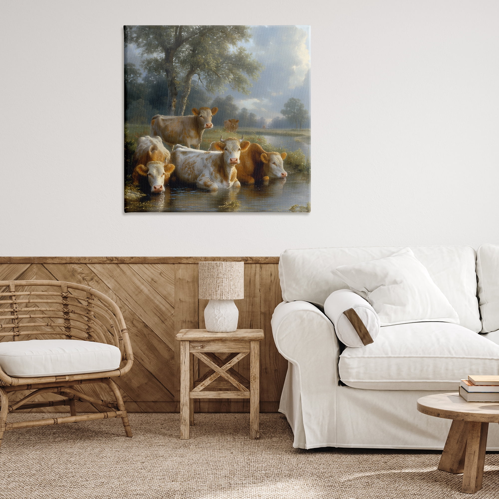 Stupell Industries Cow Family at Creek Animals Painting Wrapped Canvas Art Print Wall Art, 36 x 36