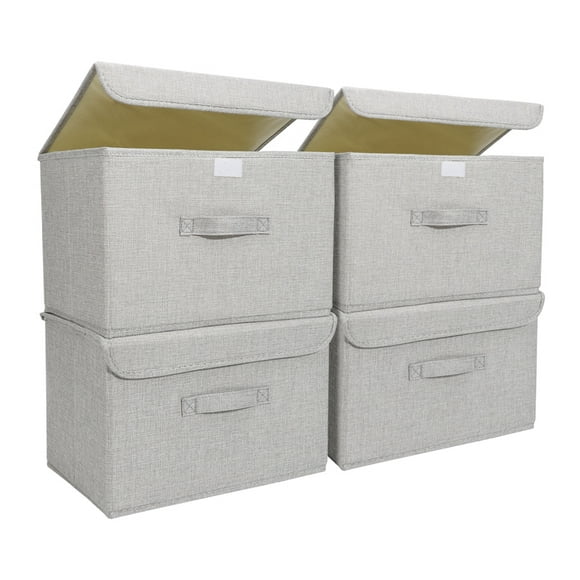 LUIISIS 4 PCS Fabric Storage Bins with Lid, 10 x 9 x 15 Inch Foldable Linen Fabric Storage Box with Handle, Large Suit Clothes Blanket Box for Home, Office, Closet