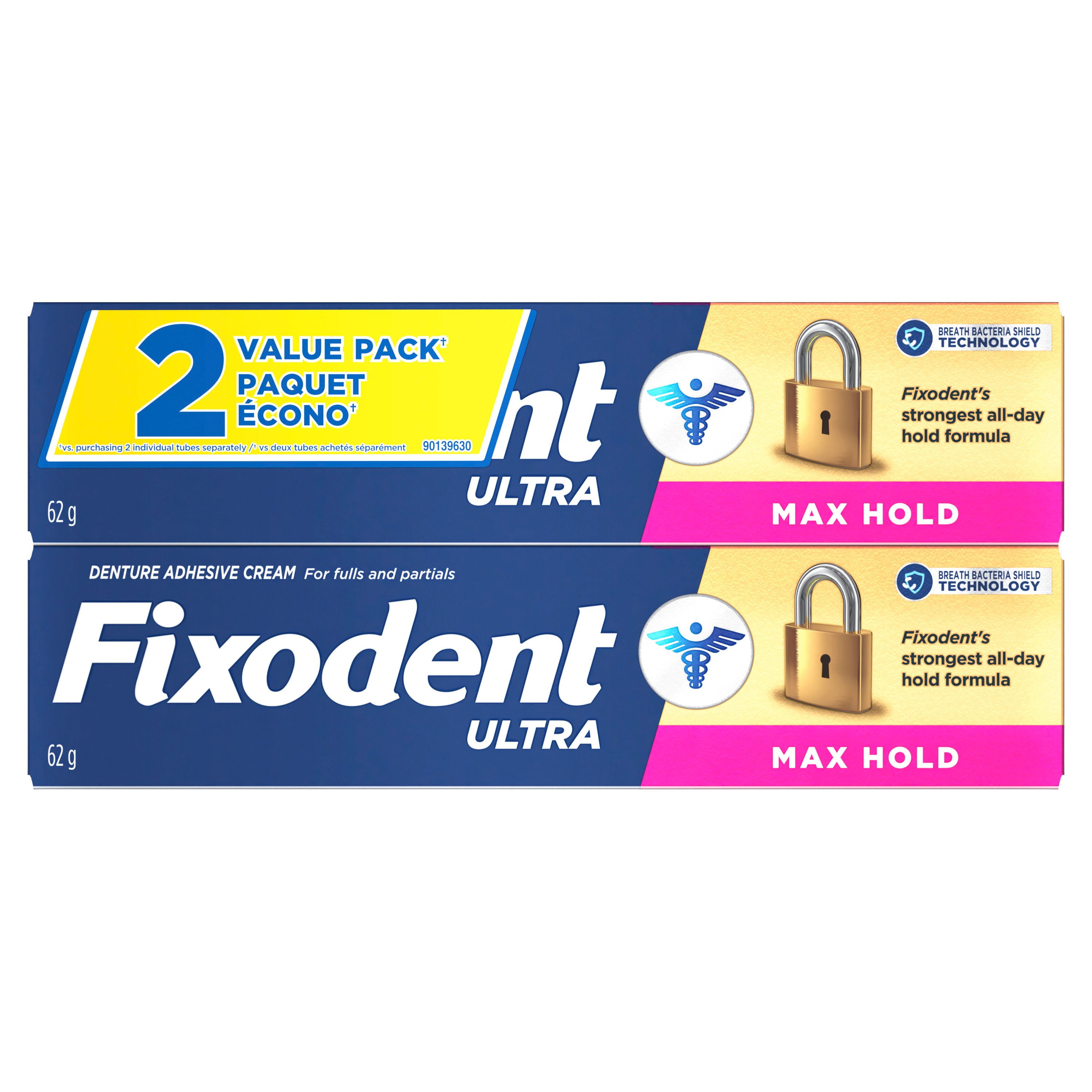 Adhésif sûr pour prothèses Fixodent Ultra Tenue maximale 62 g, paquet de 2