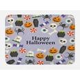 thumbnail image 1 of Halloween Bath Mat, Happy Halloween Lettering with Scary Symbols and Candies Pattern, Plush Bathroom Decor Mat with Non Slip Backing, 29.5" X 17.5", Pastel Purple Multicolor, by Ambesonne, 1 of 2