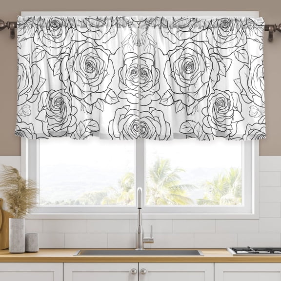 Ryvnso Roses Line Flowers Curtains Sets Short Curtain Rod Pocket Half Window Cafe Farmhouse Tier 2 Panels 57"W x 24"L