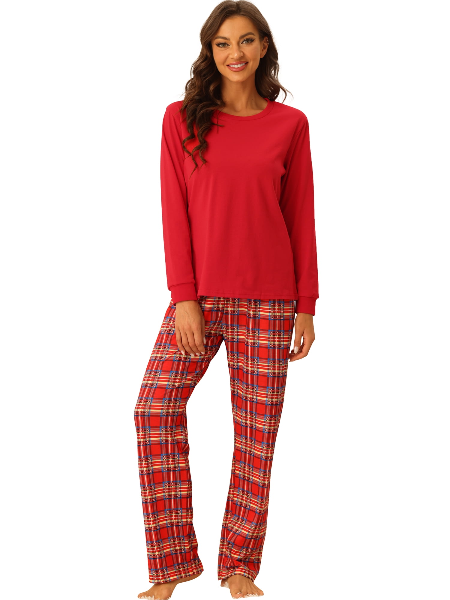 Unique Bargains Christmas Long Sleeve Solid Tops Tee with Plaid Pants Family Pajama Sets 2XL Women