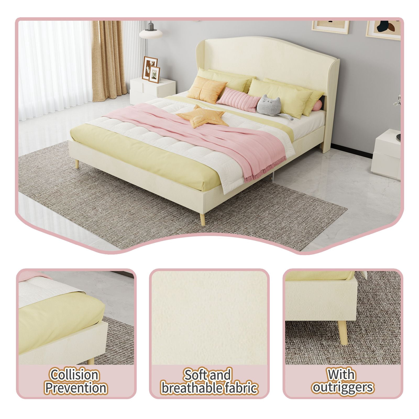 Alvantor Queen Size Upholstered Bed Frame with Padded Headboard, Holland Velvet Tufted Noise-Free & Durable Beige