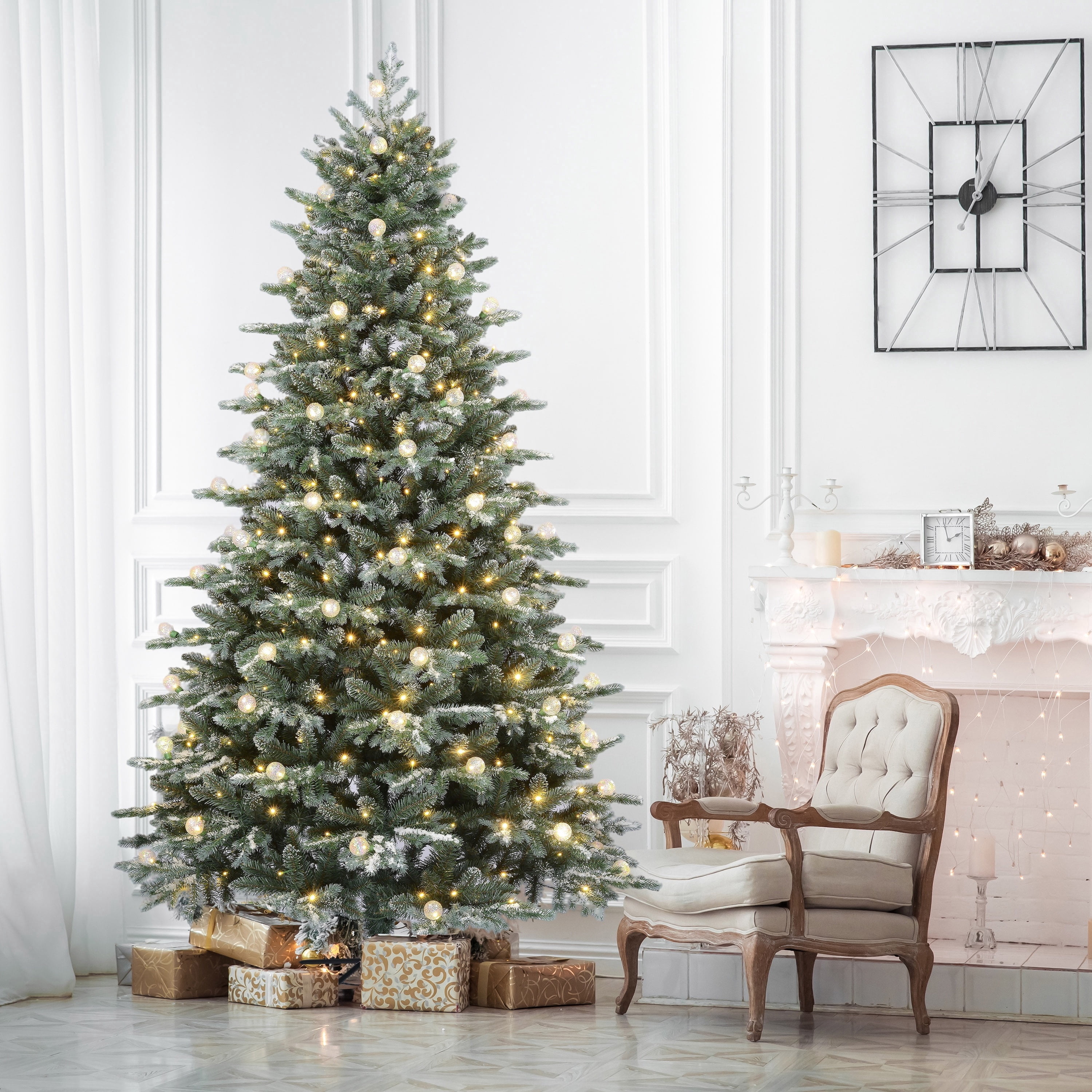 7.5' Pre-Lit Snow-Flocked Warner Green Artificial Christmas Tree with 450 Warm White LED Lights and Stand, by Holiday Time