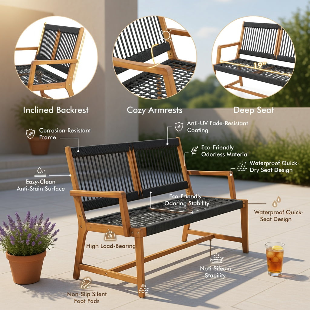Hommoo 2-Person Outdoor Acacia Wood Bench with Breathable Rope Backrest & Armrests, Garden Seating for Patio, Porch, Backyard, Black