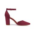 thumbnail image 3 of BLISSFUL STEP Women's Ankle Strap Pumps Pointed Toe High Block Heel Faux Suede Dress Shoes Burgundy 6, 3 of 7