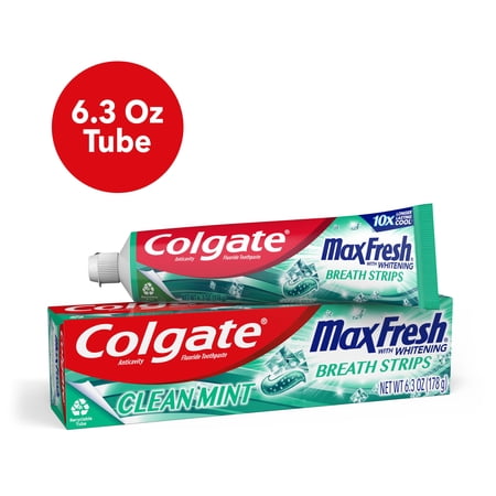 Colgate Max Fresh with Whitening Toothpaste with Mini Breath Strips, Clean Mint Toothpaste for Bad Breath, 6.3 Oz Tube