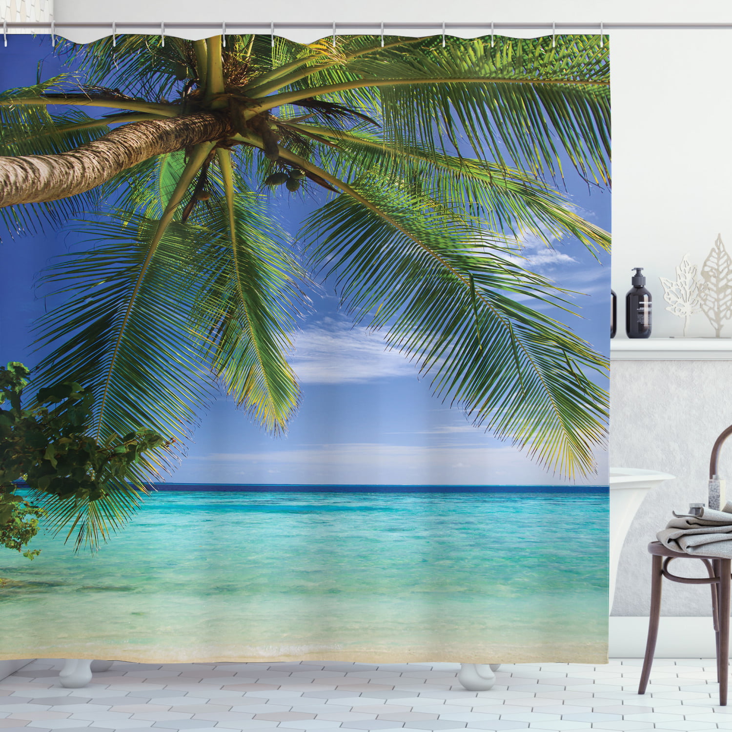 Ambesonne Ocean Decor Collection Polyester Fabric Bathroom Shower Curtain Set with Hooks Turquoise Green Image of a Sunny Day in a Tropical Island with Palm Trees and Ocean Heaven Calm Lands 
