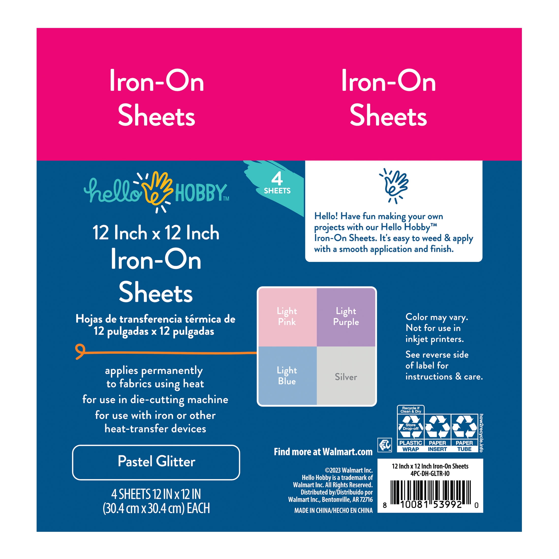 (3 pack) Hello Hobby 12" x 12" Pastel Glitter Sampler Iron-On Sheets (4 Count)