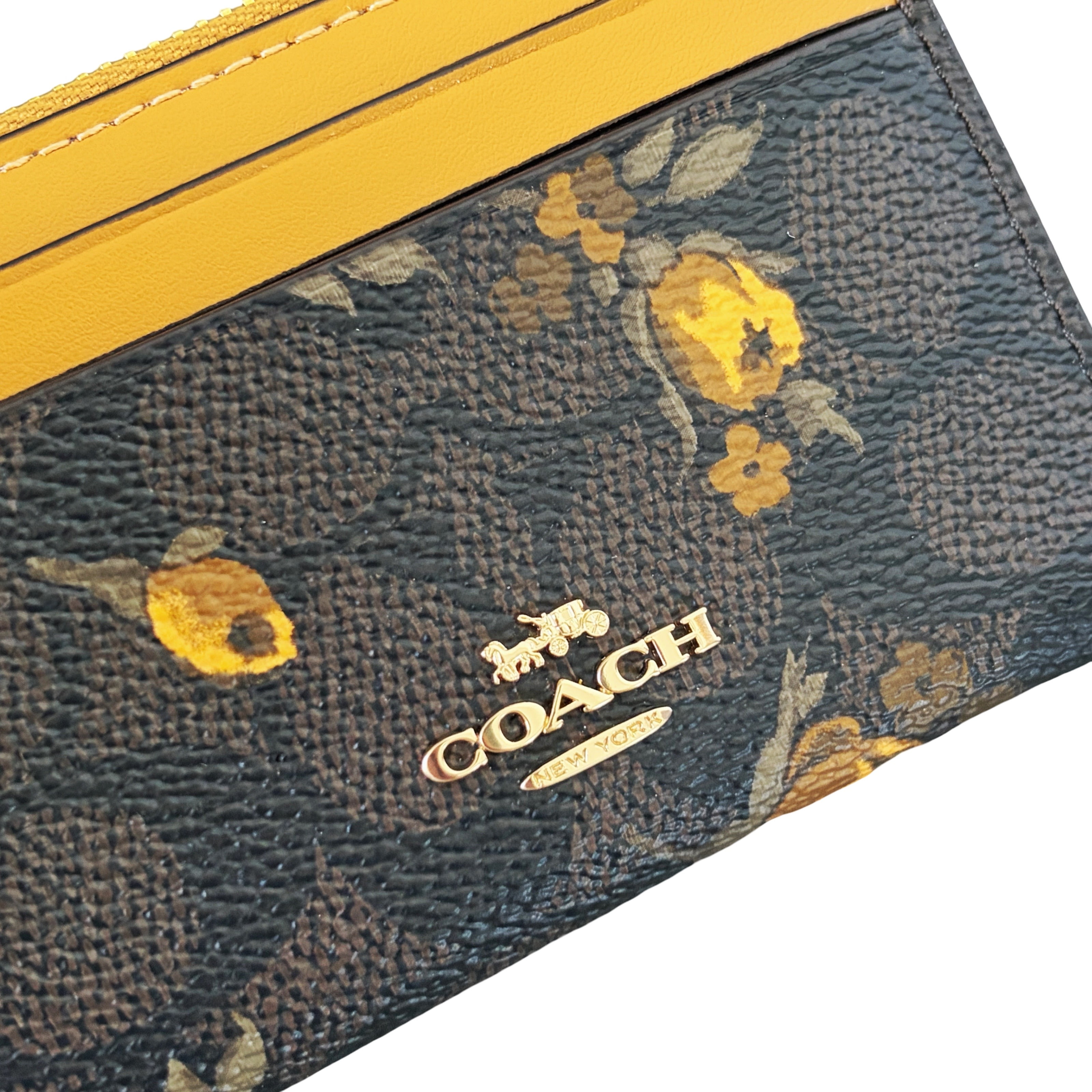 Coach Women's Mini Skinny ID Card Case With Key Ring In Signature Canvas With Floral Print (Walnut/Yellow)