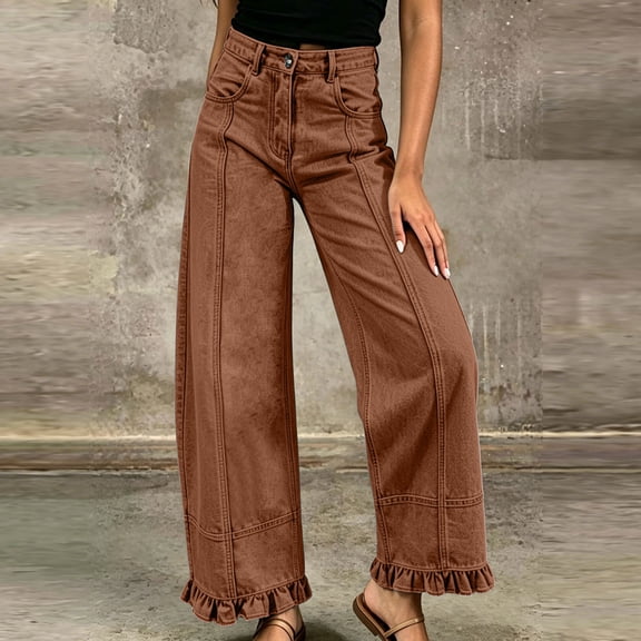 Costeam Womens Front Seam Wide Leg Jeans Ruffle Hem Detail Dual Side Hand Pockets Button Zip Fly High Waist Casual Stretchy Denim Long Trousers