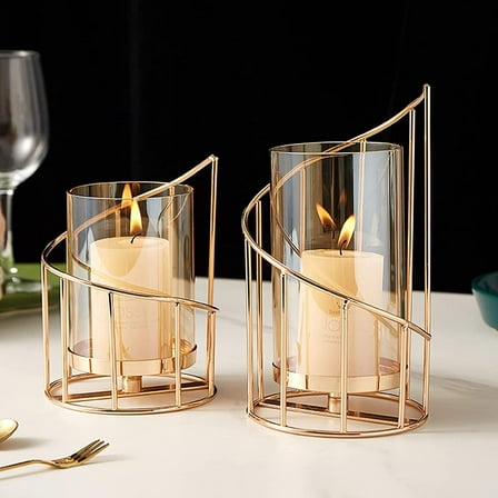 Metal Wire Candle Holder Set of 2, Glass Pillar Candle Holders Gold Decorative Tea Light Candleholders for Home Decor Table Decorations Centerpiece