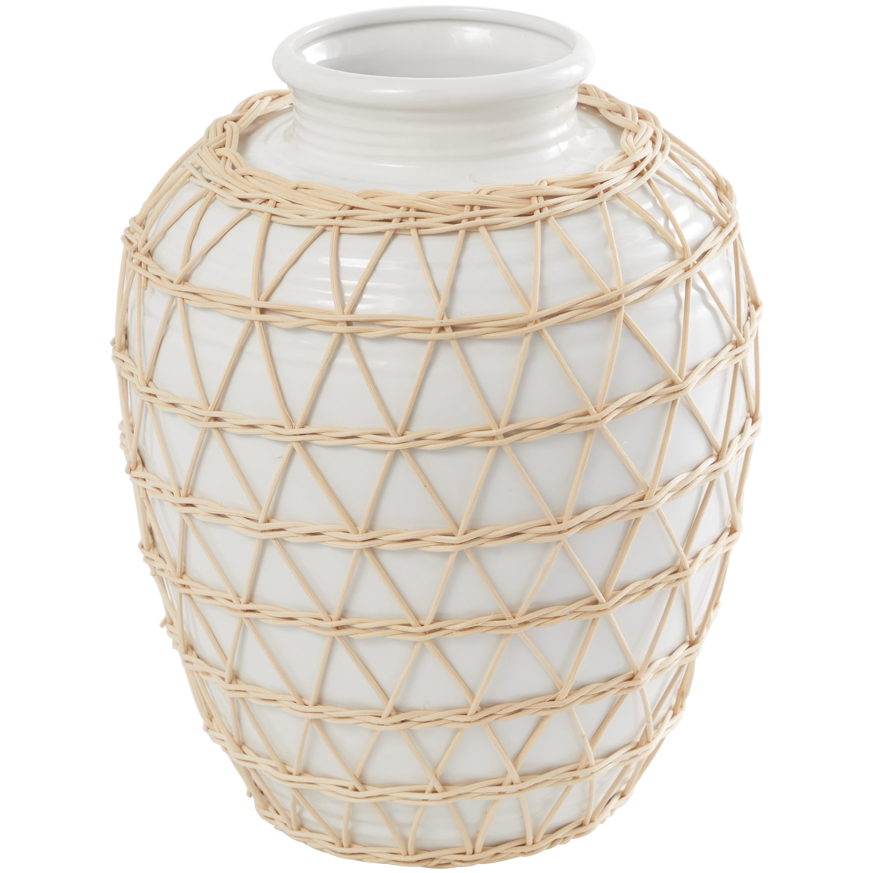 DecMode 14" Handmade White Ceramic Vase with Woven Rattan Exterior