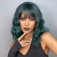 thumbnail image 6 of LHWEN European And American Style Gradient Green Shoulder Length Short Curly Ladies High Temperature Silk Wig Hair Cover For Festival Party 35cm / 14inches Beauty Salon Straight Hair Fun Lace Wavy, 6 of 9