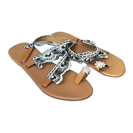 

Boho Slide Sandals for Women Girls Dressy Low Wedge Thong Sandals Casual Toe Ring Flat Sandals Cute Summer Bohemian Travel Flip Flop Sandal Shoes