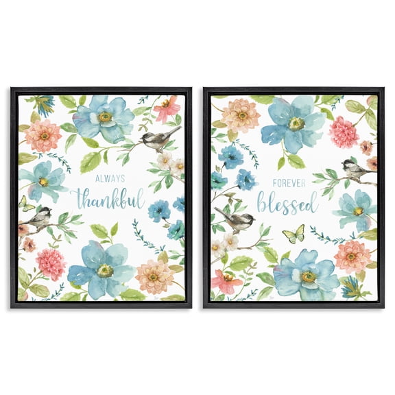 Stupell Industries Pink & Blue Gratitude Blooms 2 Piece Black Framed Floater Canvas Set, design by Nan