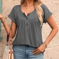 thumbnail image 5 of Women's Curved Hem Short Sleeve Shirts Summer Soft Pleated Scoop Neck Button Down Shirt Loose Fit Casual Daily Wear Tops Gray, 5 of 8