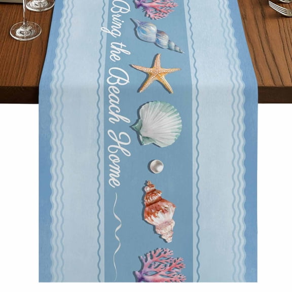 Table Runners 60 Inches Long Dress Scarves, Coastal Blue Striped Farmhouse Kitchen/Dining Table Runner, Small Coffee Tablerunners, Ocean Sea Summer Starfish Coral Shells 13x60 Inch