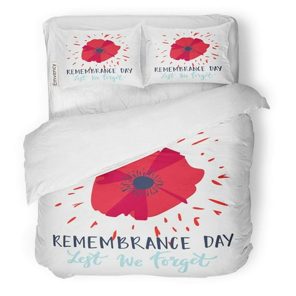 RYLABLUE 3 Piece Bedding Set Bright Poppy Flower Remembrance Day Symbol Lest We Forget Lettering Twin Size Duvet Cover with 2 Pillowcase for Home Bedding Room Decoration