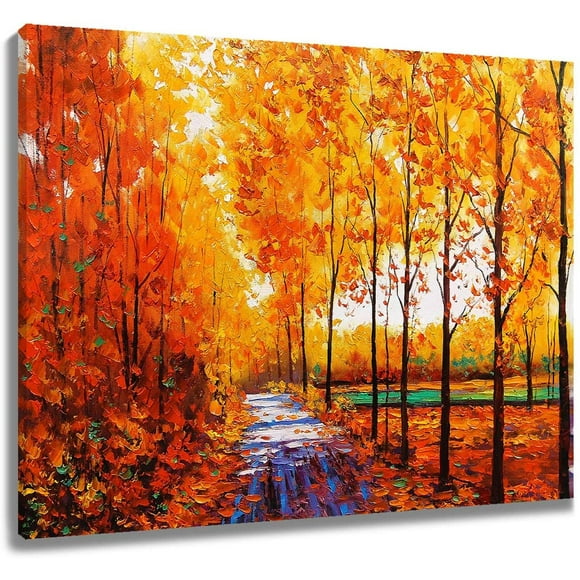 AIR-Framed Autumn Maple Leaves Canvas Wall Art Fall Tree Forest Field Landcape Painting Canvas Prints Artwork for Living Room Bedroom Bathroom Home Decor Ready to Hang, 16x12 inches