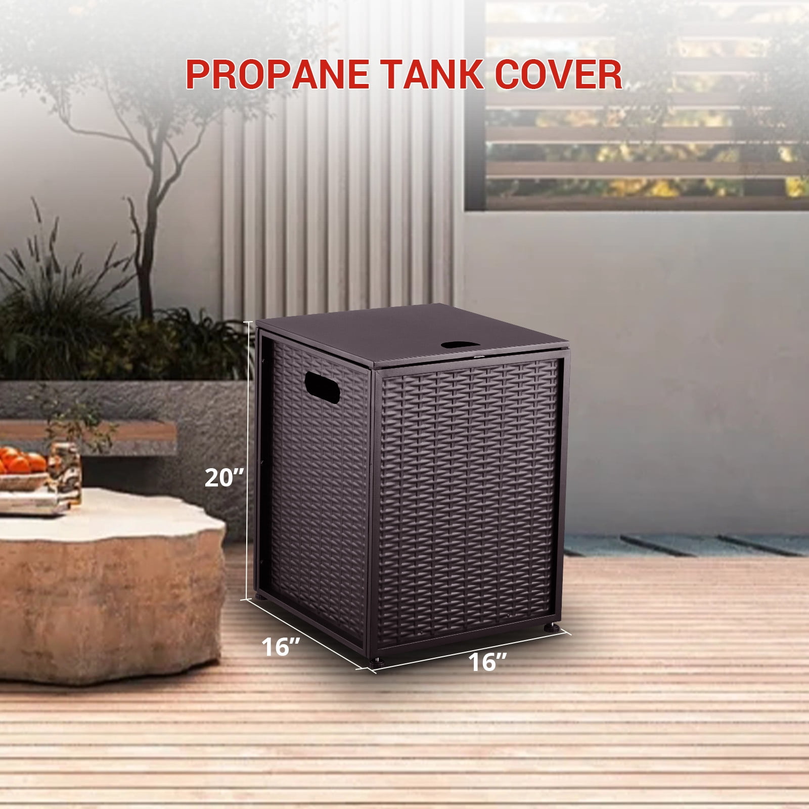 16'' Rattan Propane Tank Cover Hideaway Side Table 20 lbs Propane Gas Holder for Gas Fire Pit, Grill, Griddle & Stoves, Bronze
